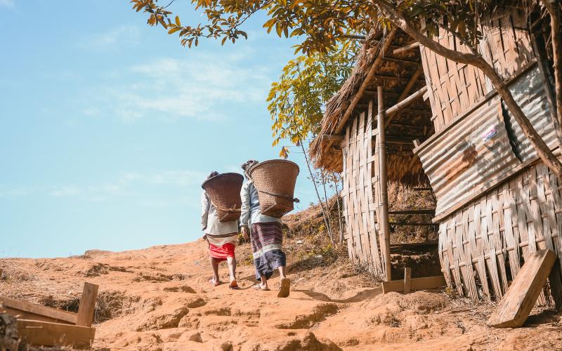 Back View of Women Carrying Baskets and Working on a Field Back View of Women Carrying Baskets and Working on a Field