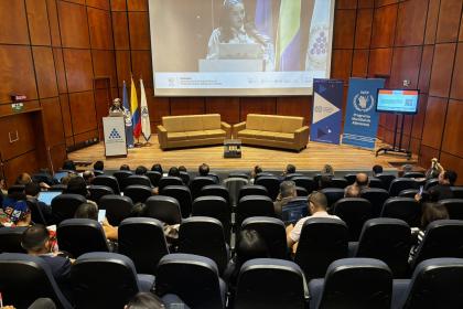 A wide shot of an auditorium