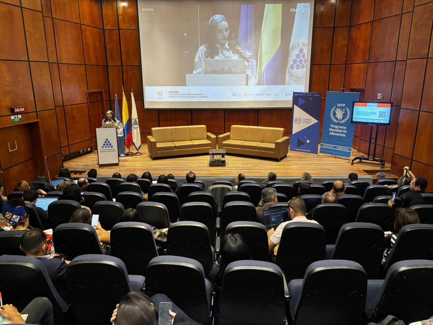 A wide shot of an auditorium
